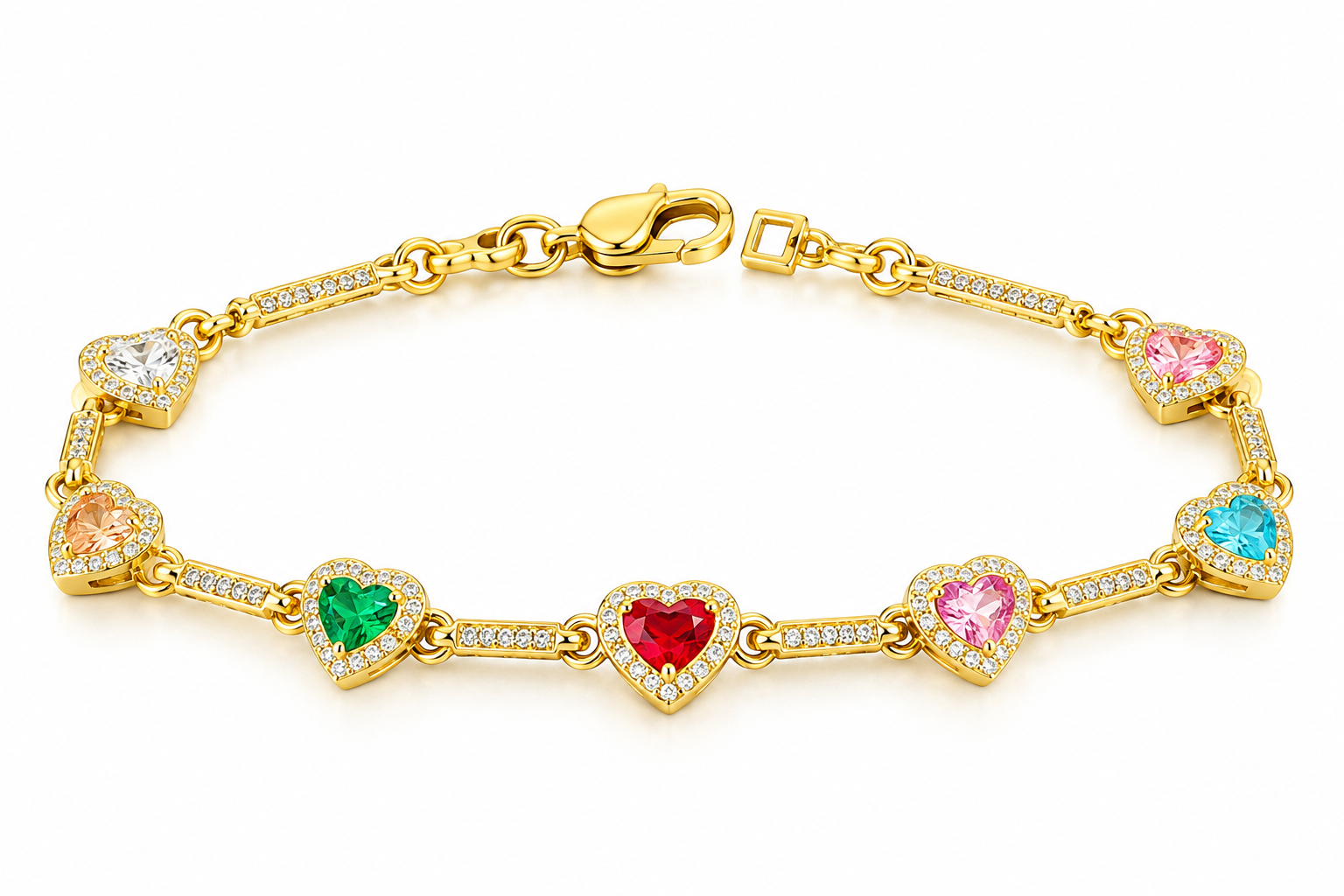 Gold bracelet with colorful heart-shaped stones